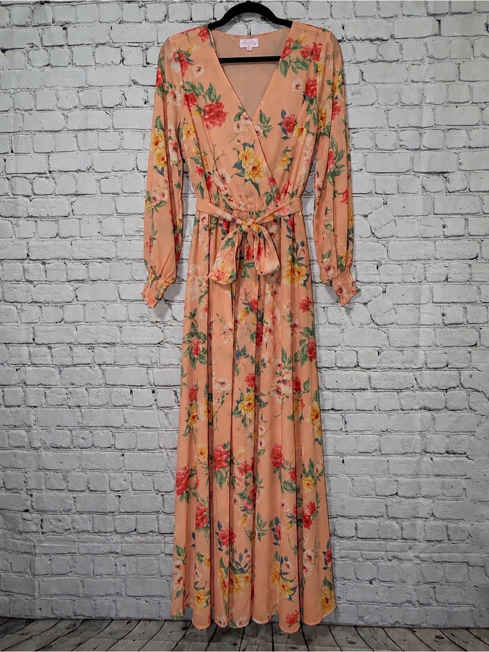 Pink Lily Peach Floral Wrap-Front Maxi Dress